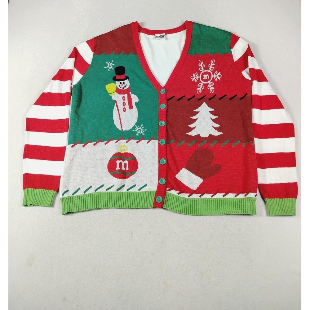 M&M's World Sweater Mens 2XL Multicolor Ugly Christmas Cardigan Snowman‎ Party